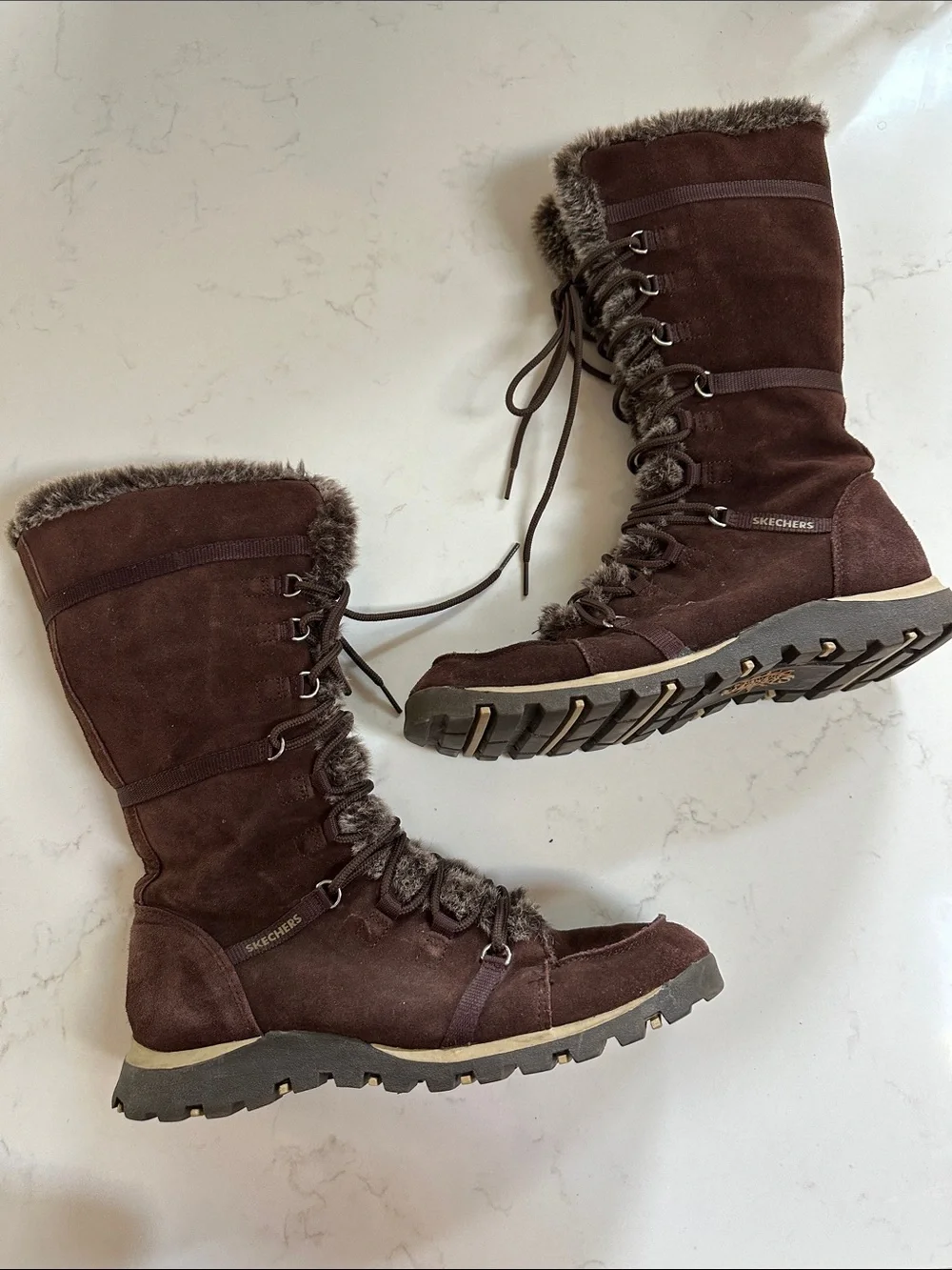Skechers Women's Dark Brown Suede Faux-Fur Lace-Up Winter Boots